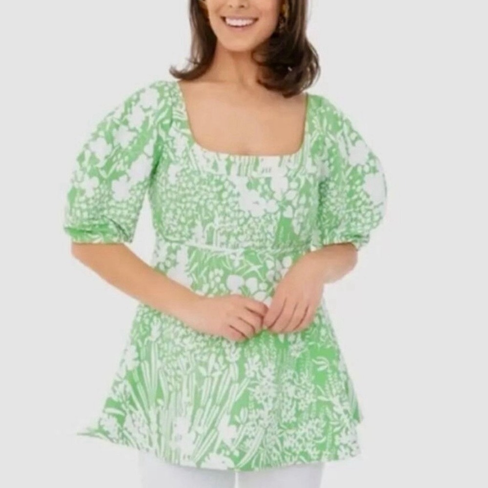 Tuckernuck Green and White Floral Puff-Sleeve Blouse